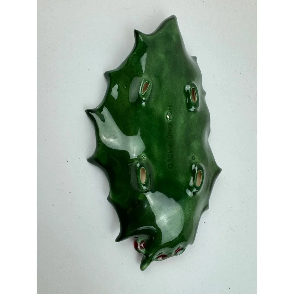 Vintage Holland Mold Ceramic Holly Leaf Dish Green Red Berries Christmas Decor